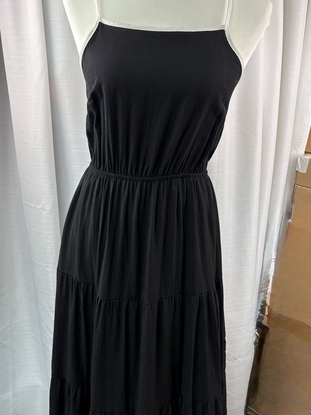 Blu Pepper Black White Contrast Trim Tie Back Tiered Midi Dress M